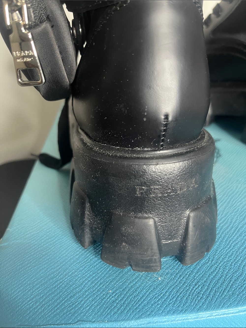 Prada Black Leather Nylon Calzature Combat Boots with Detachable Mini Pouch - Picture 4 of 8